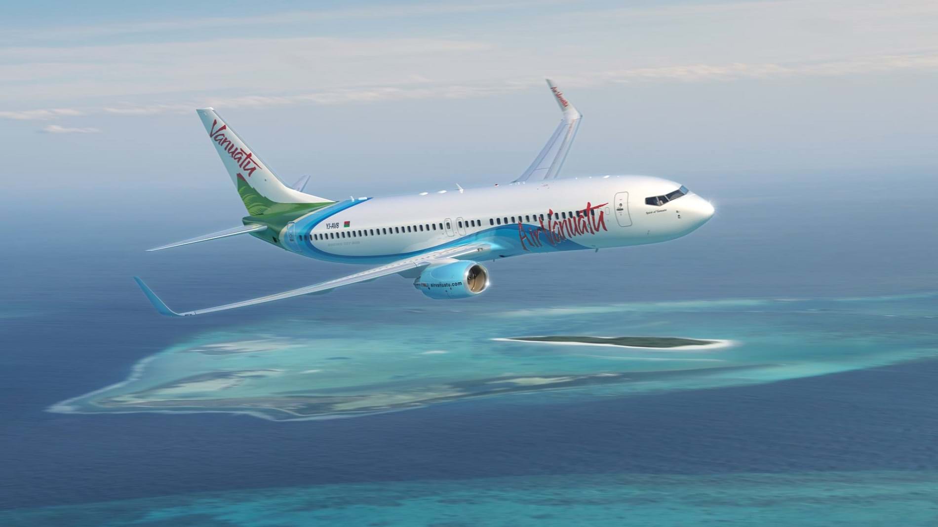 Air Vanuatu plane in flight over isalands